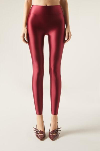 Burgundy Satin Finish Faux-Leather Leggings, , large image number 1