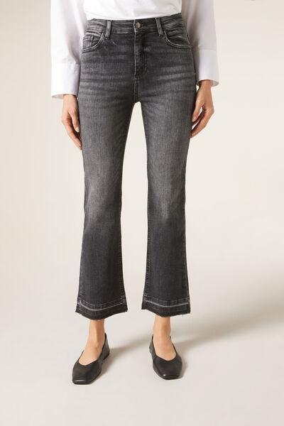 Grey Denim Cropped Flared Jeans, , large image number 1