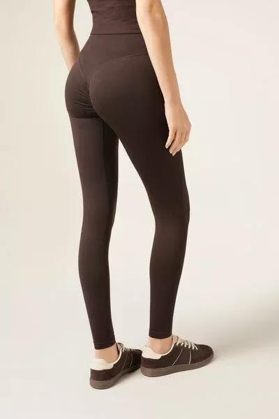 Brown Scrunch Detail Cotton Leggings, 5501_175F, medium