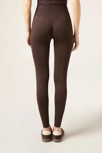 Brown Scrunch Detail Cotton Leggings, 5501_175F, large image number 2