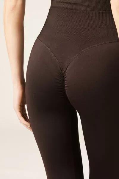 Brown Scrunch Detail Cotton Leggings, 5501_175F, large image number 3