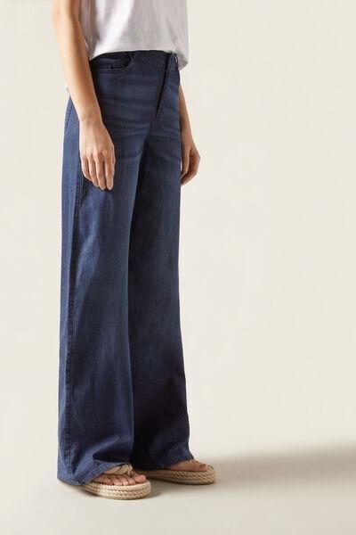 Blue Ultra Light Palazzo Jeans, Dark Denim Blue, large image number 0