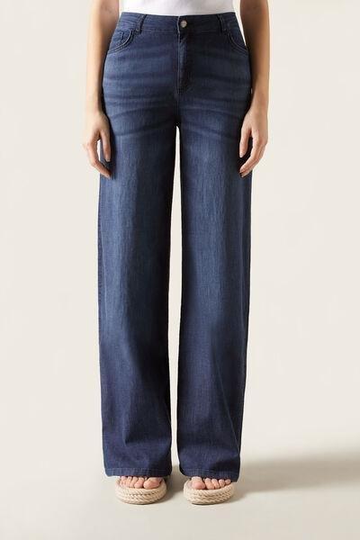 Blue Ultra Light Palazzo Jeans, Dark Denim Blue, large image number 1