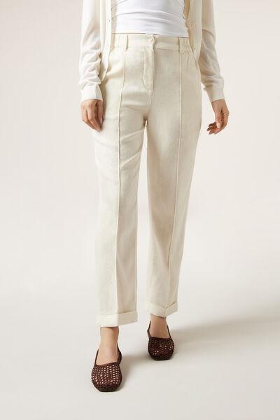 Ecru Linen Lyocell Trousers, , large image number 0