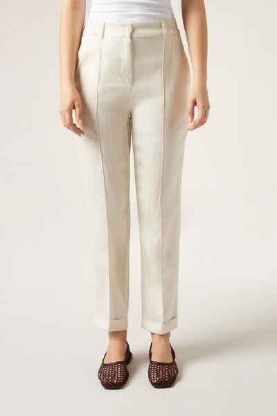 Ecru Linen Lyocell Trousers, , large image number 1