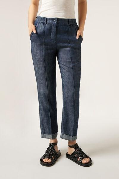 Navy Linen Lyocell Trousers, , large image number 0