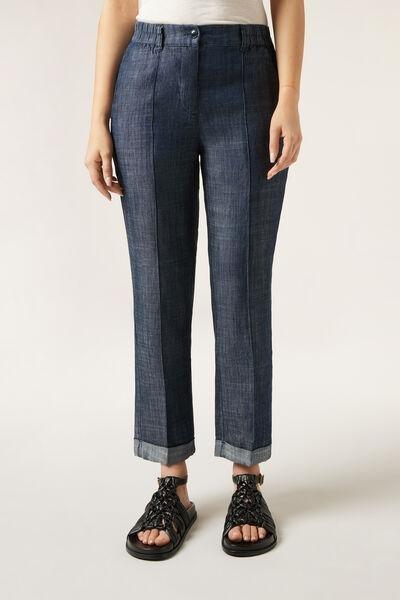 Navy Linen Lyocell Trousers, , large image number 1
