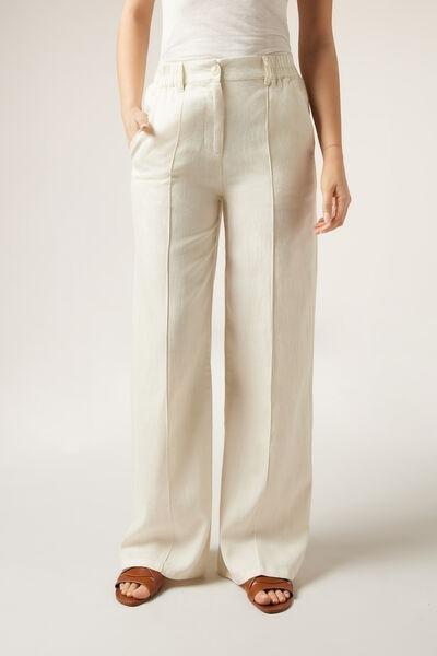 Ecru Lyocell Palazzo Trousers, , large image number 0