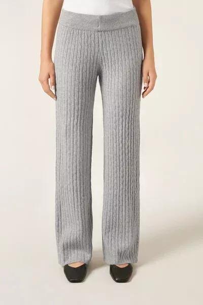 Grey Cable Pattern Palazzo Cotton Pants, 5501_050F, large image number 0