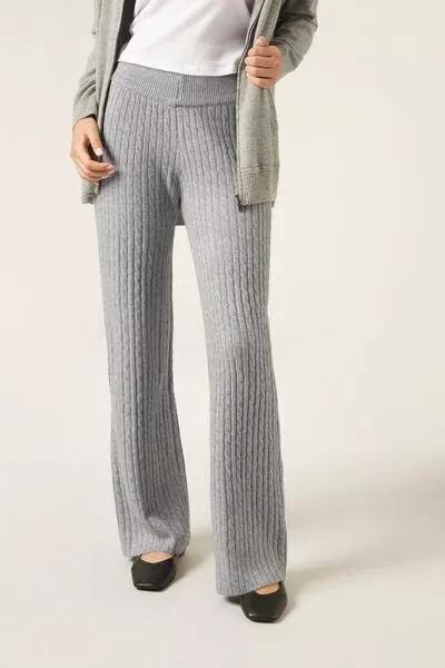 Grey Cable Pattern Palazzo Cotton Pants, 5501_050F, large image number 1