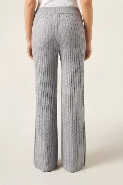 Grey Cable Pattern Palazzo Cotton Pants, 5501_050F, large image number 2