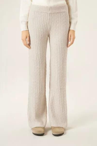 Beige Cable Pattern Palazzo Cotton Pants, 5501_137F, large image number 0