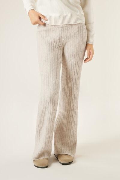 Beige Cable Pattern Palazzo Cotton Pants, 5501_137F, large image number 1