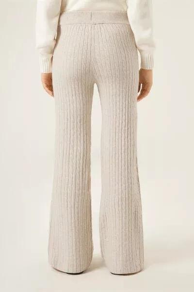 Beige Cable Pattern Palazzo Cotton Pants, 5501_137F, large image number 2