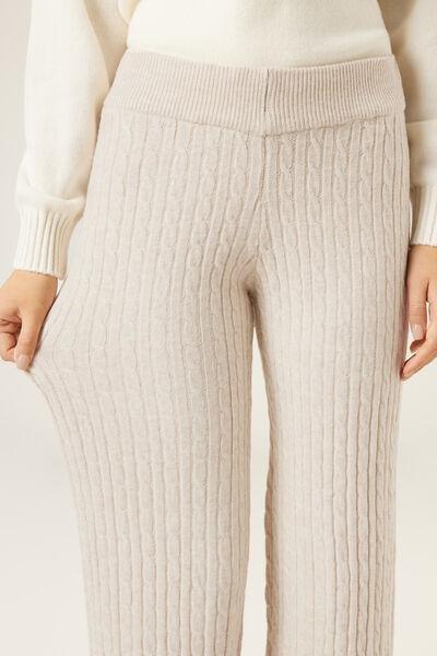 Beige Cable Pattern Palazzo Cotton Pants, 5501_137F, large image number 3