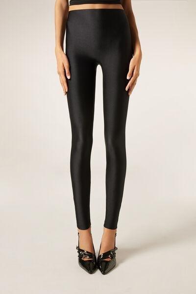 Black Super-Shiny Opaque Leggings, Black, large image number 1