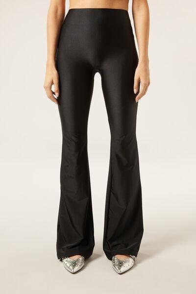 Black Super Shine Flared Pants, Black, large image number 1
