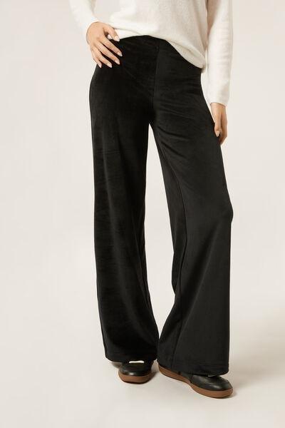 Black Ribbed Velvet Palazzo Cotton Pants, Black, large image number 0