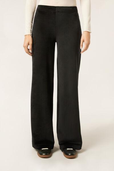 Black Ribbed Velvet Palazzo Cotton Pants, Black, large image number 1