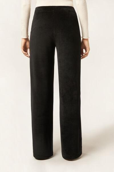 Black Ribbed Velvet Palazzo Cotton Pants, Black, large image number 2