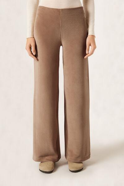 Brown Ribbed Velvet Palazzo Cotton Pants, 5501_049F, large image number 1