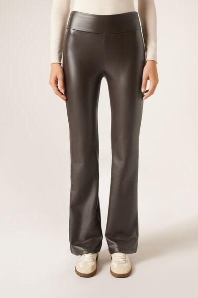 Brown Coated-Effect Thermal Flared Pants, 5501_110F, medium