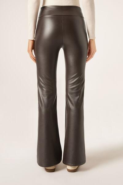 Brown Coated-Effect Thermal Flared Pants, 5501_110F, large image number 2