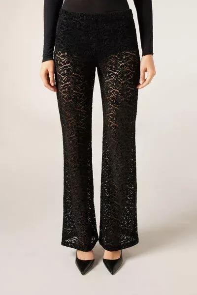 Black Velvet-Effect Lace Flared Pants, Black, large image number 0