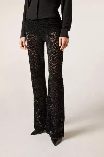 Black Velvet-Effect Lace Flared Pants, Black, large image number 1