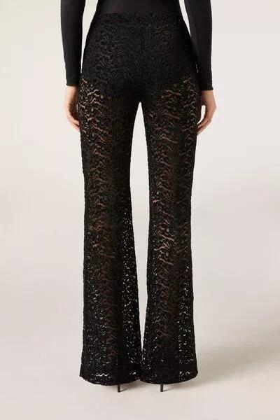 Black Velvet-Effect Lace Flared Pants, Black, large image number 2