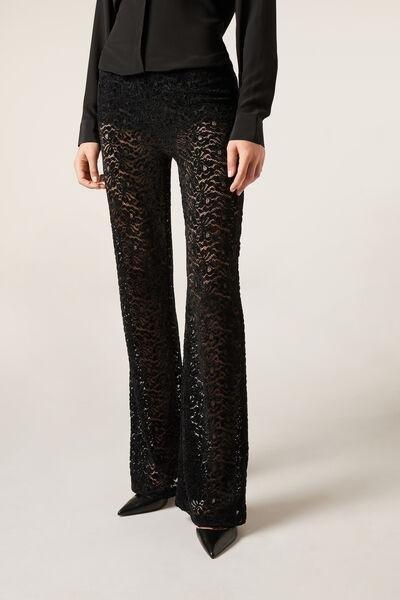 Black Velvet-Effect Lace Flared Pants, Black, large image number 3