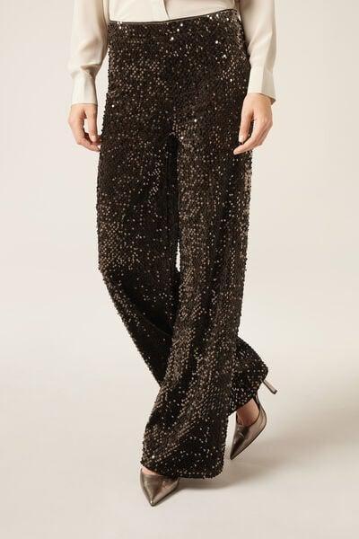 Brown Velvet And Sequin Palazzo Pants, 5501_124F, large image number 1