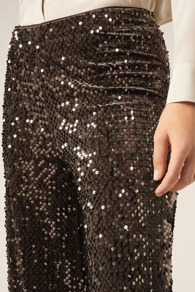 Brown Velvet And Sequin Palazzo Pants, 5501_124F, large image number 3