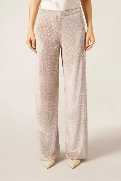 Beige Velvet And Sequin Palazzo Trousers, 5501_132F, large image number 0