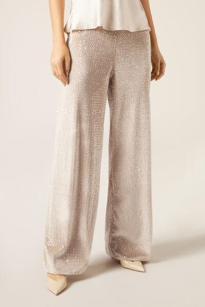 Beige Velvet And Sequin Palazzo Trousers, 5501_132F, large image number 1