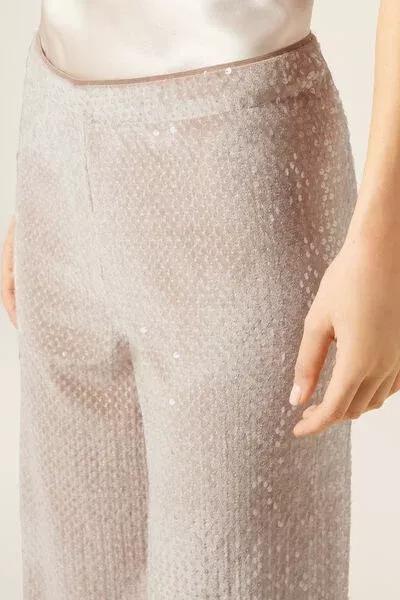 Beige Velvet And Sequin Palazzo Trousers, 5501_132F, large image number 2