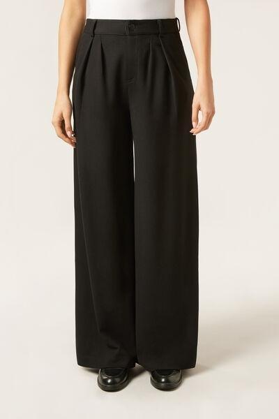 Black Pleated Wide Leg Pants, Black, large image number 1