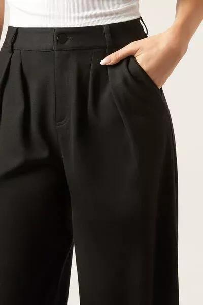 Black Pleated Wide Leg Pants, Black, large image number 3