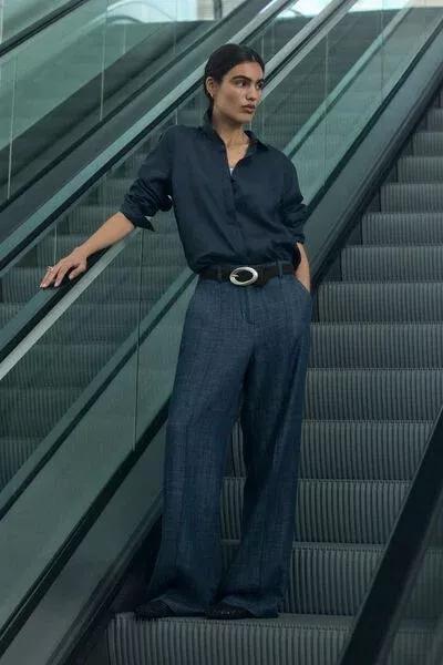 Blue Palazzo Linen Pants, 5501_077F, large image number 0
