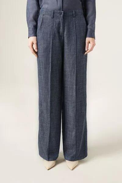 Blue Palazzo Linen Pants, 5501_077F, large image number 1