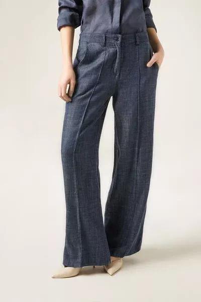 Blue Palazzo Linen Pants, 5501_077F, large image number 3