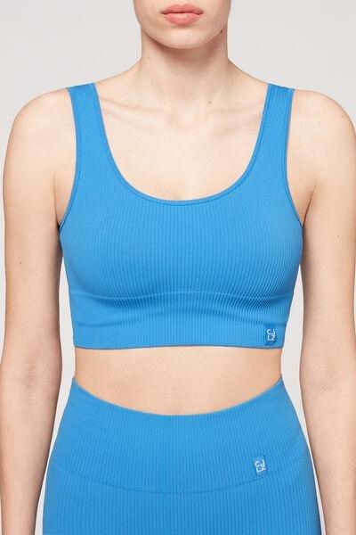 Blue Ribbed Seamless Sport Top, , large image number 0