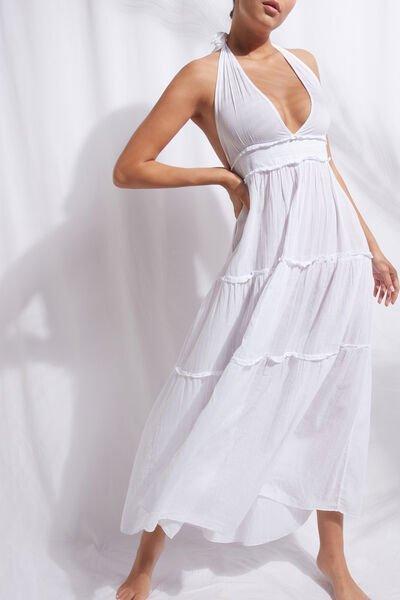 White Long Fabric Dress With Drawstring, Women - One-Size, , large image number 1