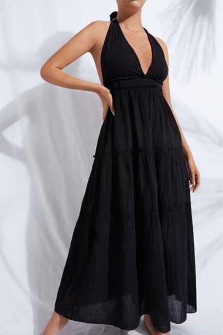 Black Long Fabric Dress With Drawstring, Women - One-Size, , large image number 0