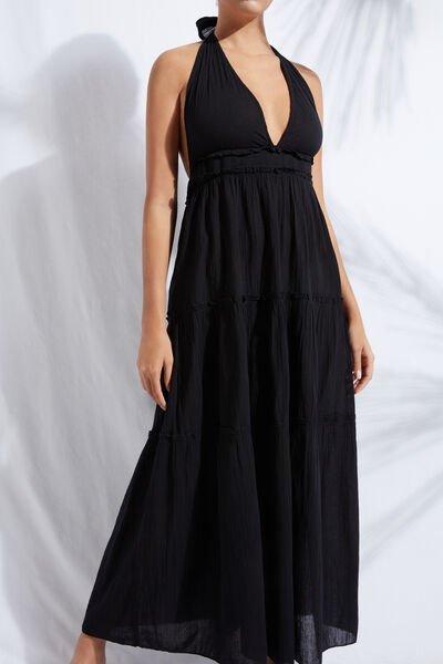 Black Long Fabric Dress With Drawstring, Women - One-Size, , large image number 1