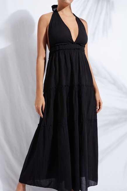 Black Long Fabric Dress With Drawstring, Women - One-Size, , large image number 2