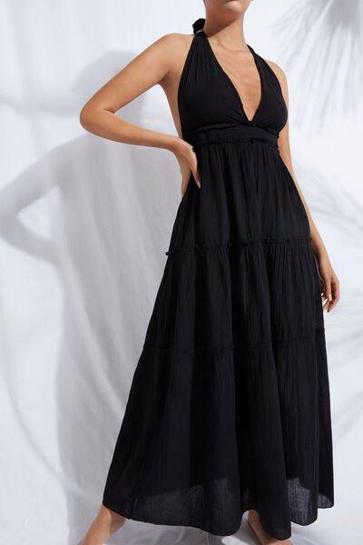 Black Long Fabric Dress With Drawstring, Women - One-Size, , large image number 3