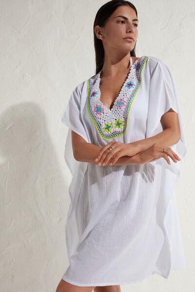 White Crochet Neck Kaftan, , large image number 0