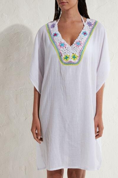 White Crochet Neck Kaftan, , large image number 1