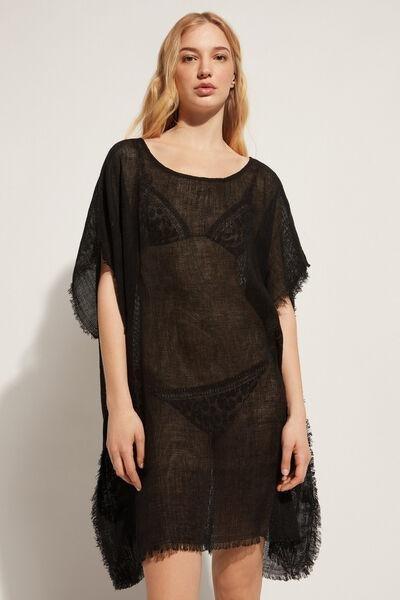 Black Fringed Linen Mesh Kaftan, , large image number 0